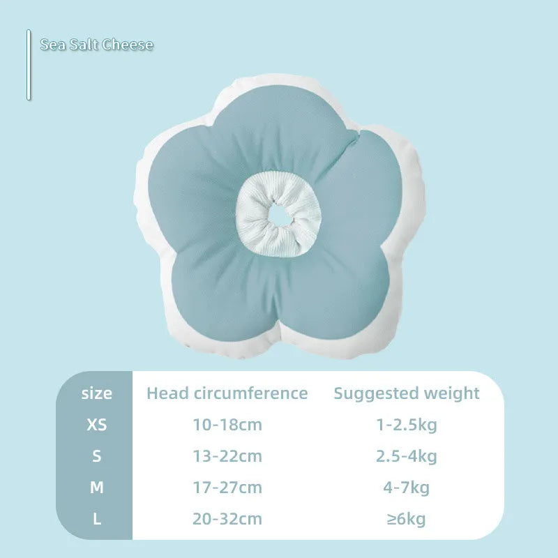 Blue cotton cat recovery collar with a solar-powered flower, shown with adjustable elastic strap and ties.