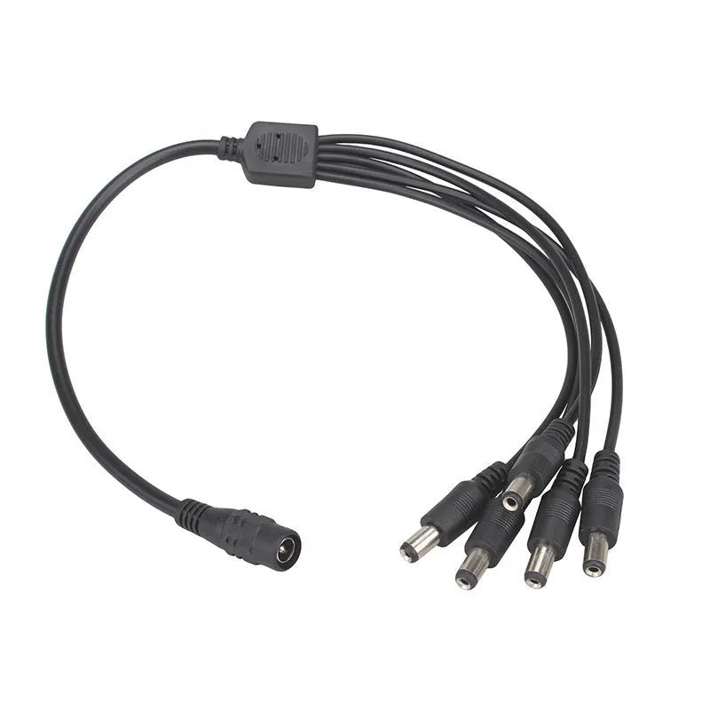 Black DC 4-way monitoring power cord with one input and four output connectors for CCTV cameras