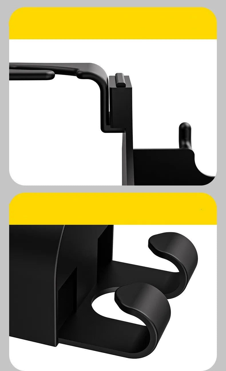 Black plastic car seat back organiser with cup holder and hook measuring 8.5 × 7.1 × 14.4 cm