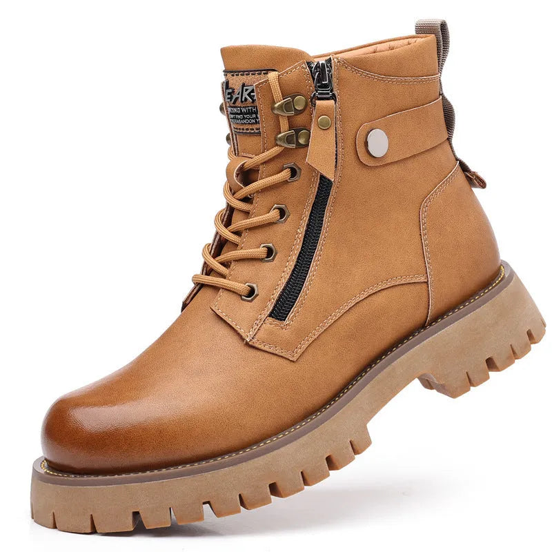 Men's brown leather high-top Martin boots with side zipper and round toe.