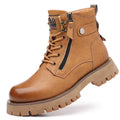 Men's brown leather high-top Martin boots with side zipper and round toe.