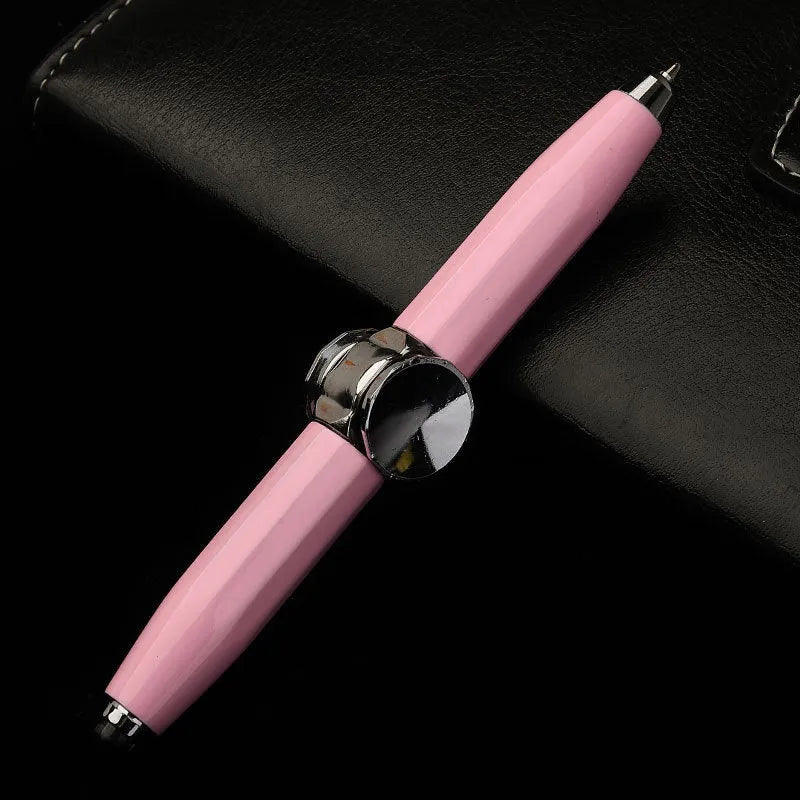Metal ballpoint pen with integrated LED gyro spinner showing colour-changing lights during spinning