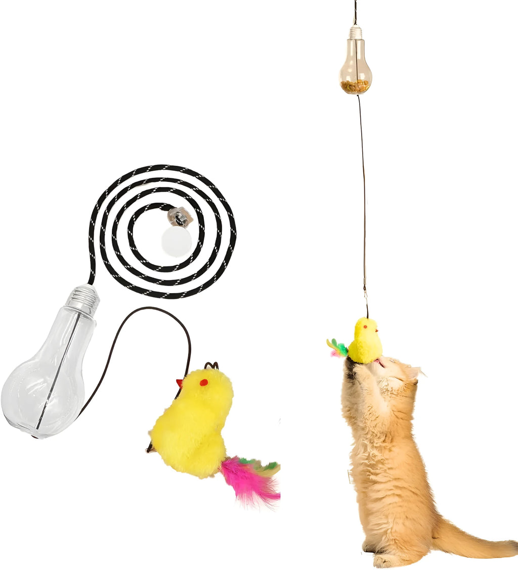 Retractable cat teaser toy hanging on door frame with dangling mouse toy and treat reward bulb