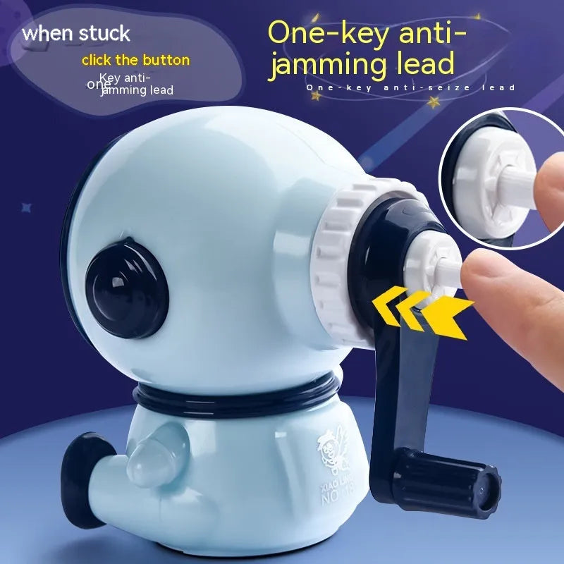 Blue astronaut manual pencil sharpener with adjustable three-level mechanism for standard 2mm pencils