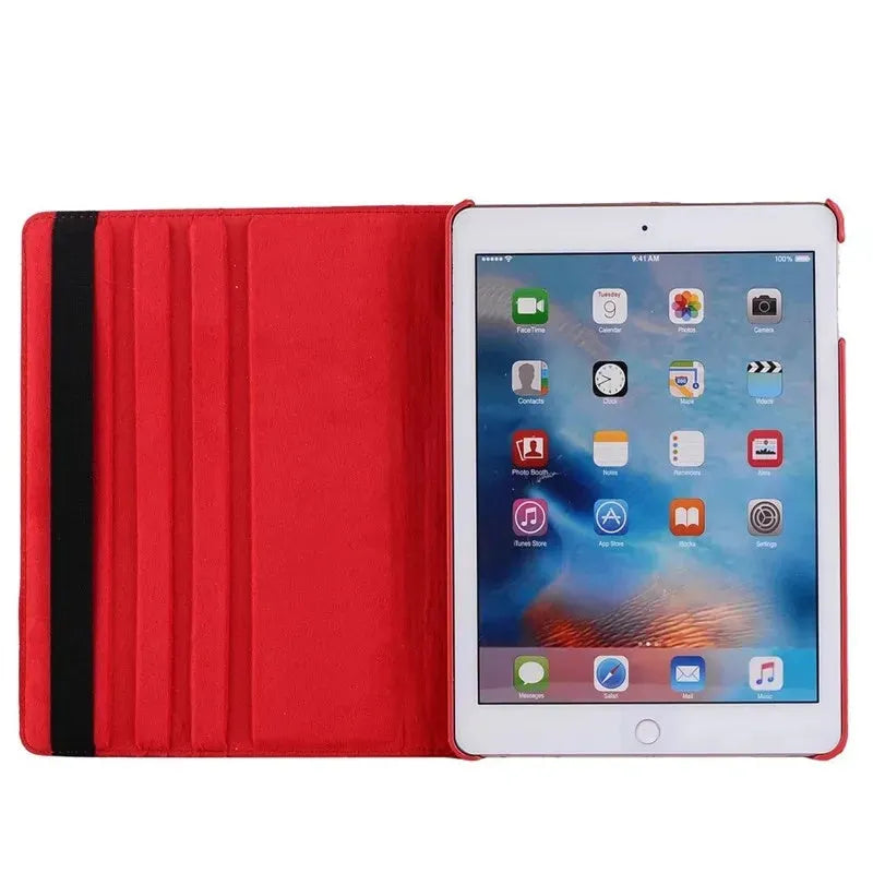 Imitation leather rotating clamshell protective sleeve for iPad, shown in rose red colour.