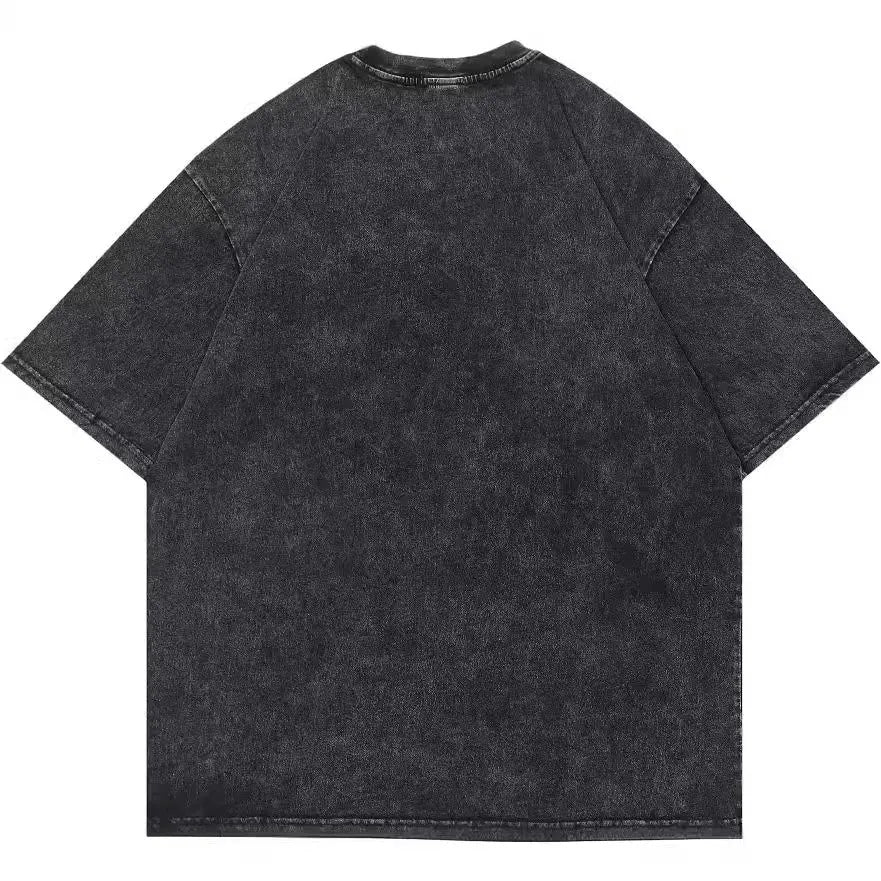 Men's washed black cotton T-shirt with cartoon print and street hip hop retro style