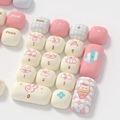 Full set of colourful cartoon pig and anime-themed mechanical keyboard keycaps with sublimation printing on a black background.