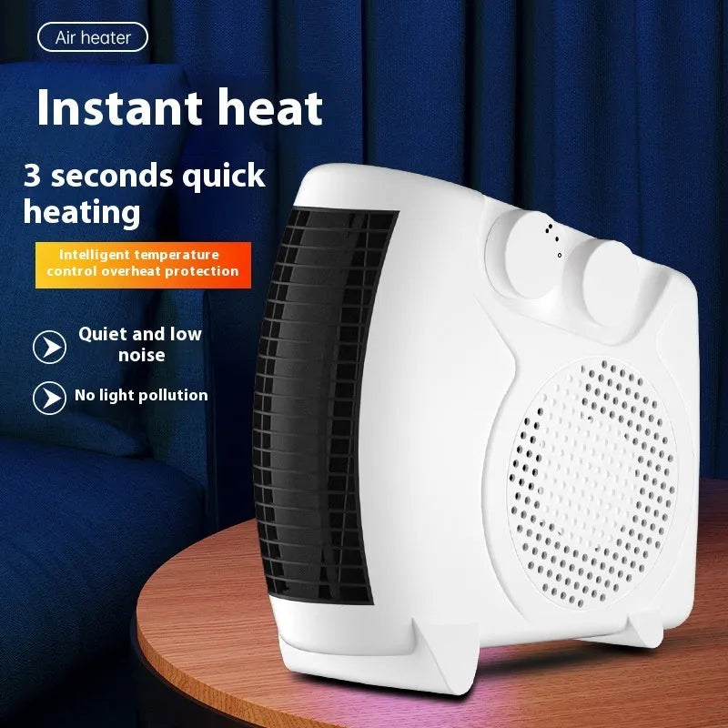 Compact white electric heater with control dial, suitable for desktop placement in rooms under 10 square metres