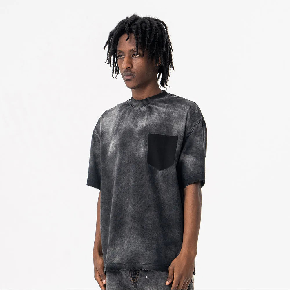 Men's black loose fit cotton t-shirt with printed letter pattern and short sleeves