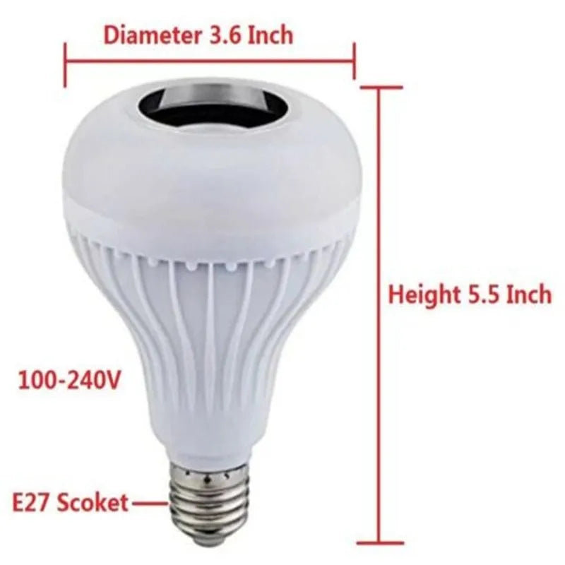 White Bluetooth smart light bulb with E27 base and remote control for 16 colour options and audio.