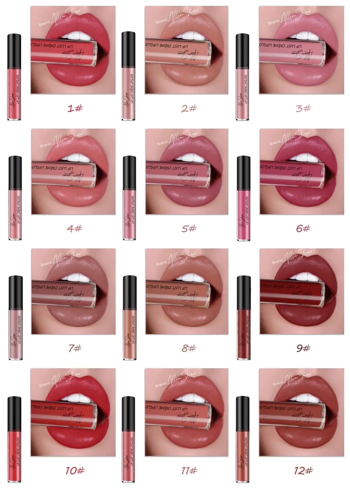 Silky cream texture lip gloss tube in various colour options including a 12-piece set.