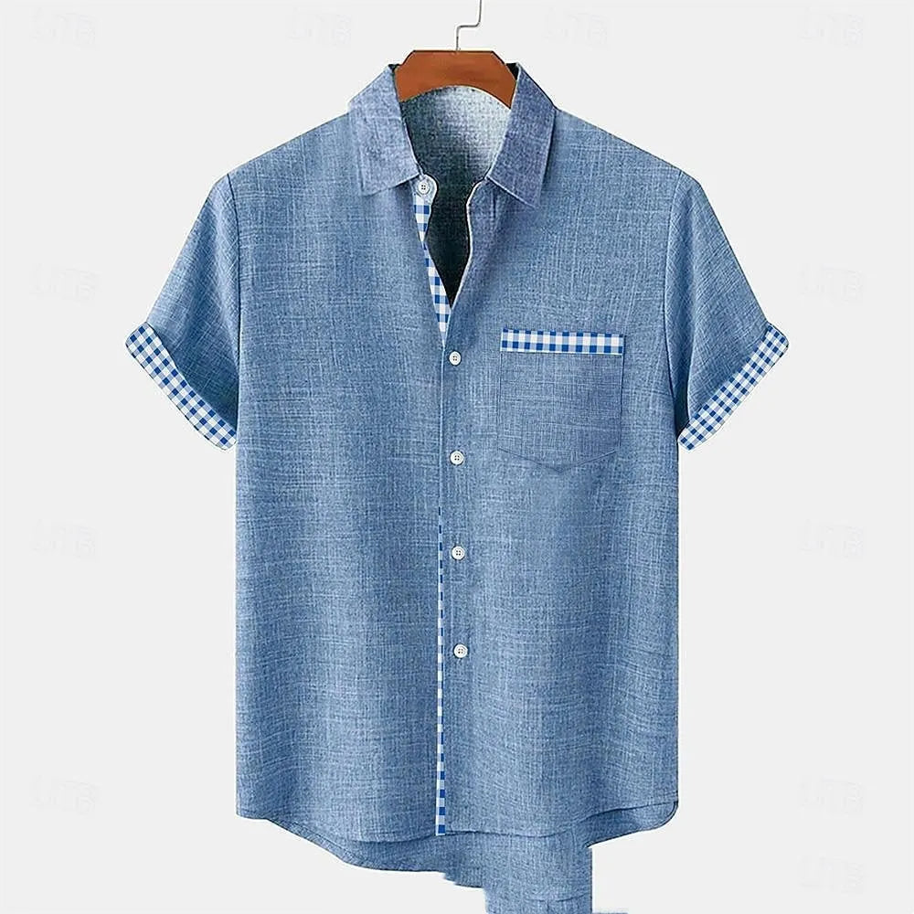 Linen loose-fit short sleeve casual shirt with an ocean fish pattern on the lapel.