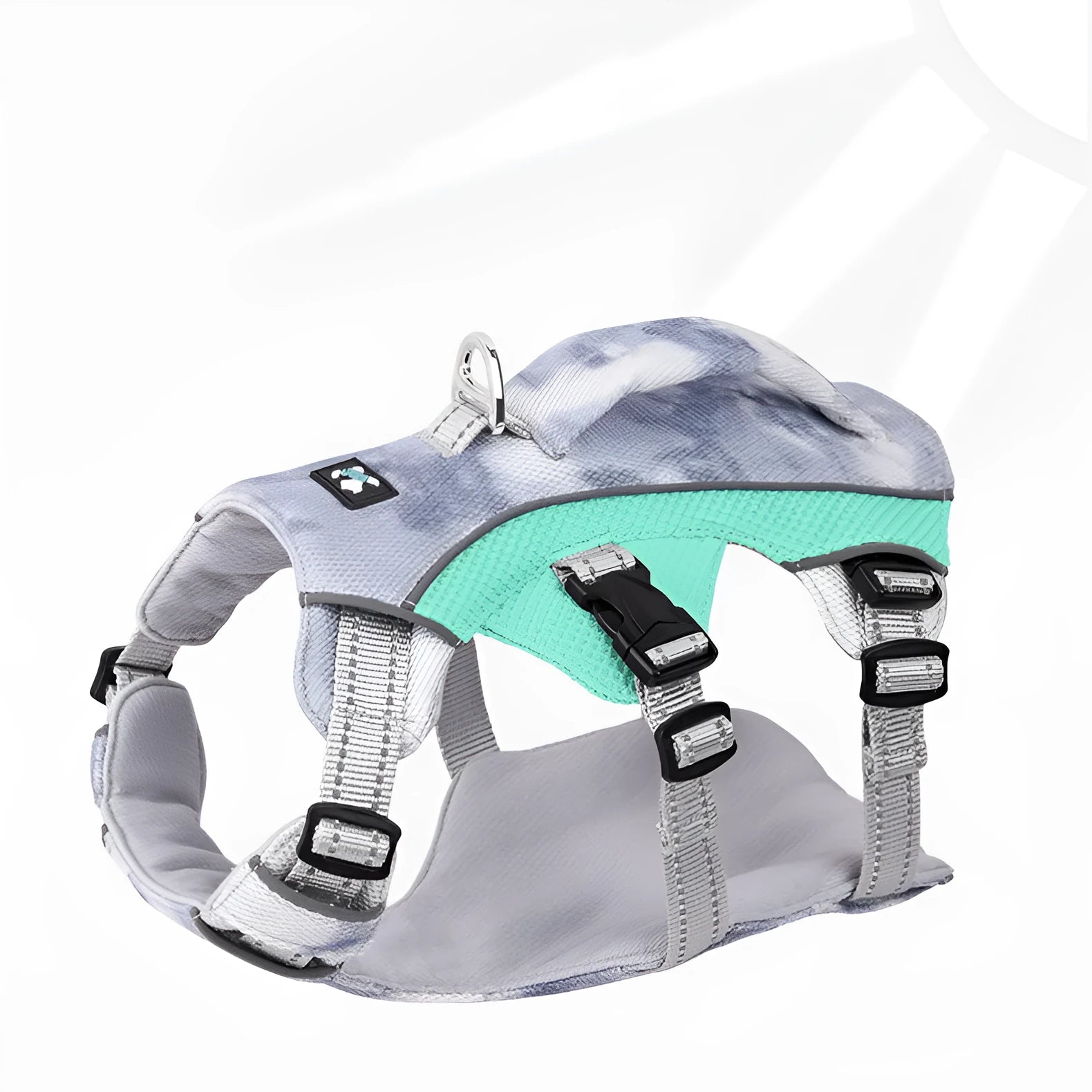 Reflective light blue pet cooling chest strap shown on a dog model