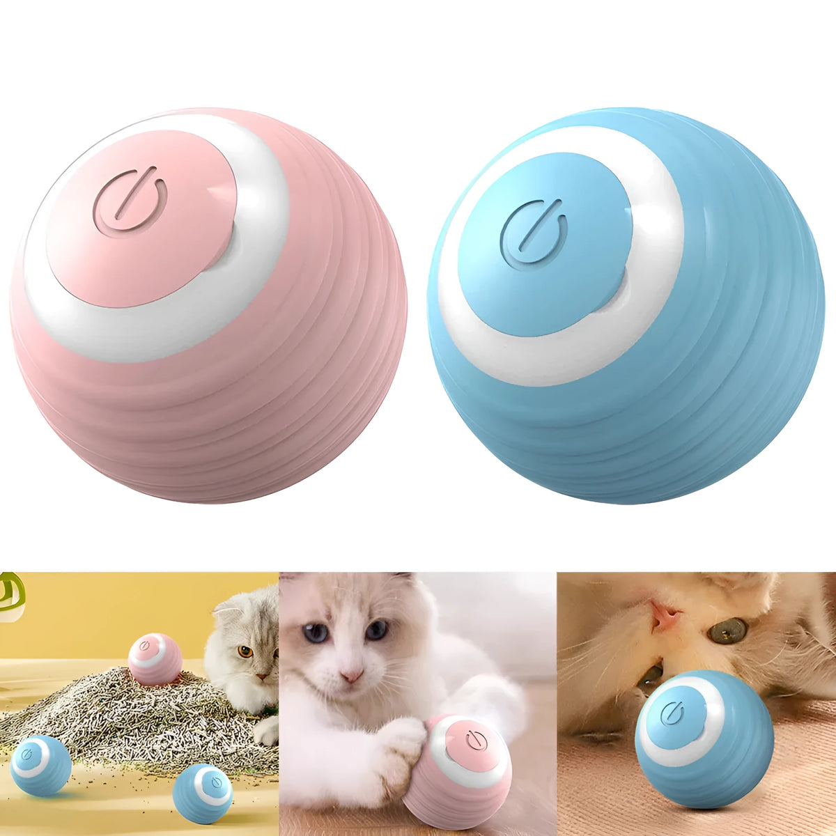 Blue automatic self-moving cat toy ball with rechargeable battery bouncing on floor