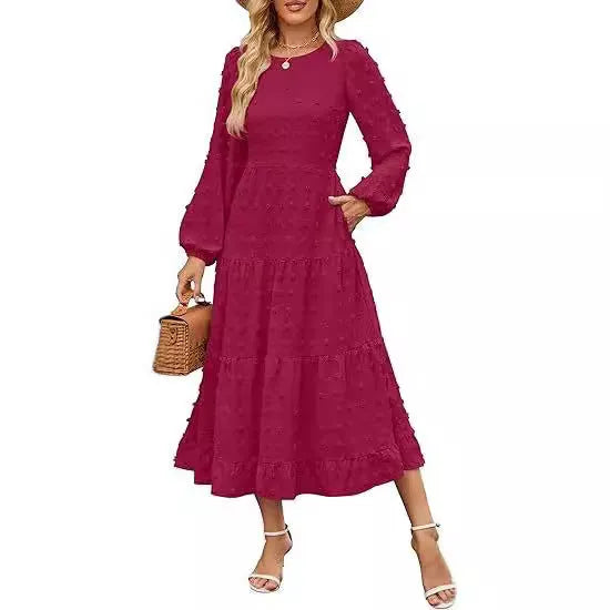 Women's autumn casual dress with ruffled long sleeves and high waist in solid colour options