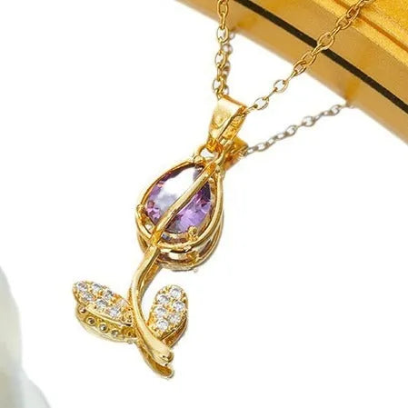 Zircon tulip necklace for women with a floral pendant on an adjustable titanium steel chain.