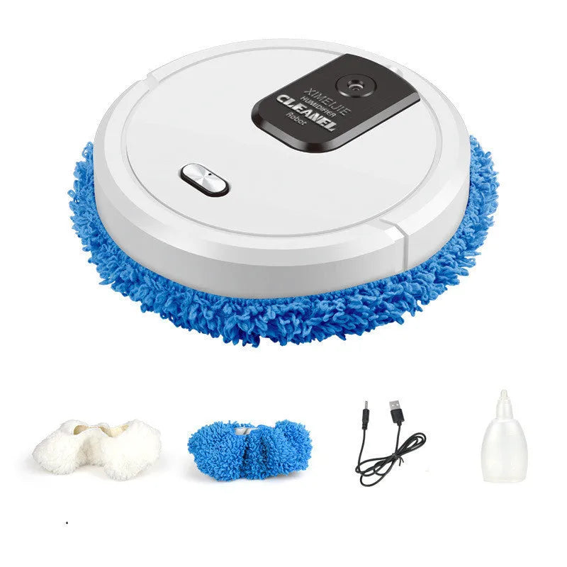 Automatic sweeping robot with wet and dry mopping cloths, 65mm slim body, and USB cable