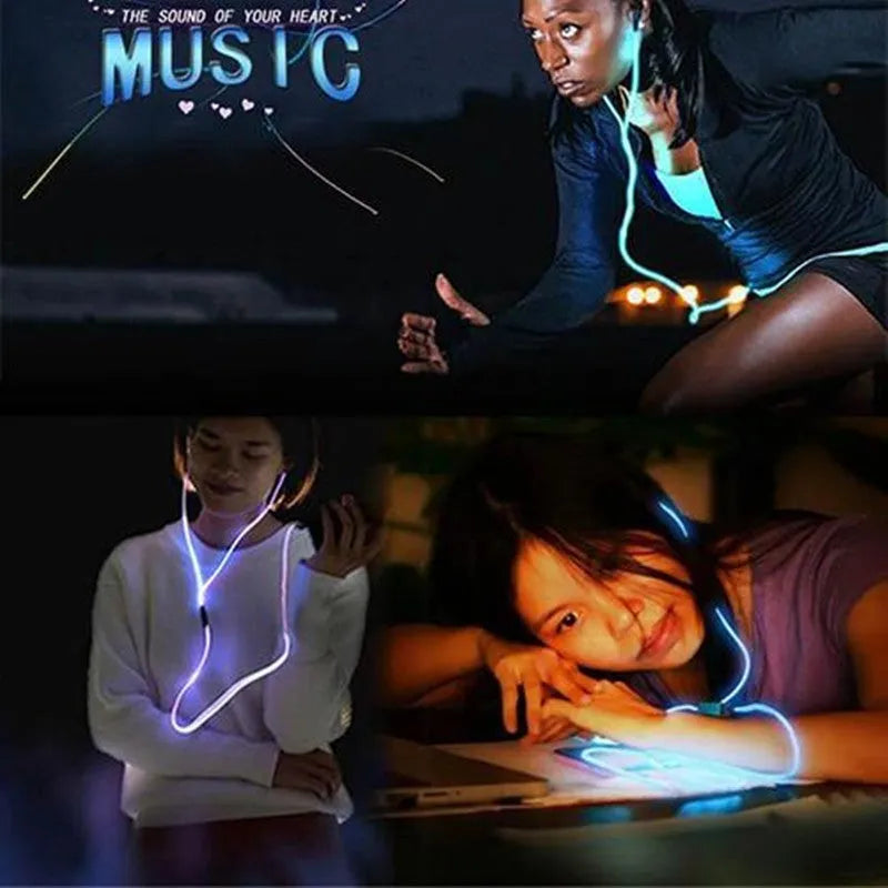 Blue LED light-up earphones with 3.5mm plug and inline remote microphone for iPhone and Android phones.