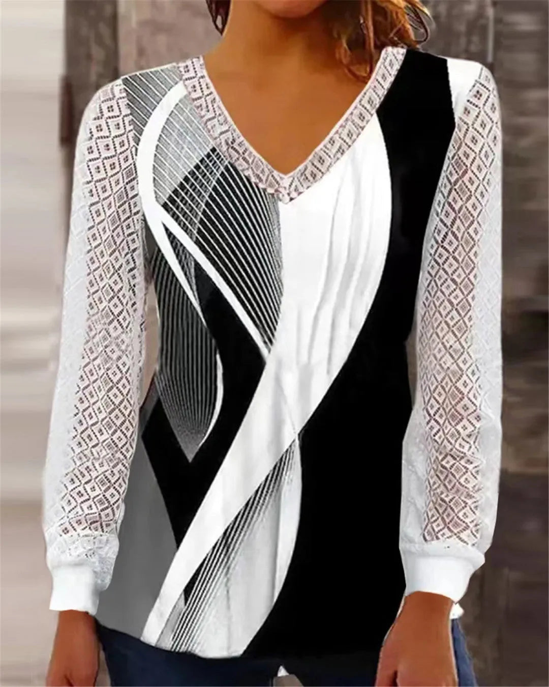 Women's V-neck loose lace top with hollow-out detailing in purple, wine red, gray or blue