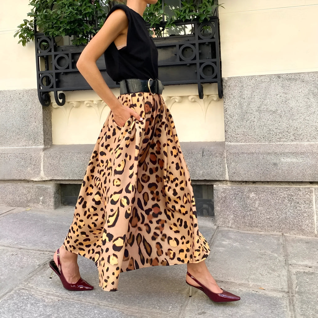 Brown leopard print women's A-line long skirt with big hem in Asian sizes
