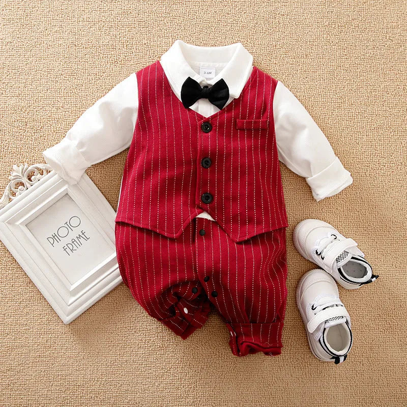 Wine red cotton baby boy romper with long sleeves and single-breasted closure