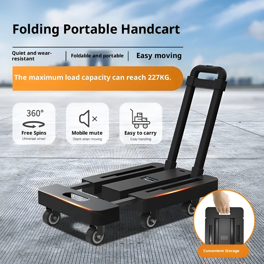 Black foldable handcart with silent PU wheels and PP plastic metal frame, portable trolley for shopping and moving.