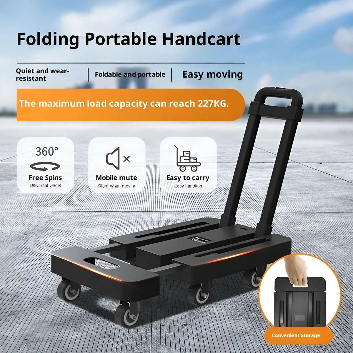 Black foldable handcart with silent PU wheels and PP plastic metal frame, portable trolley for shopping and moving.