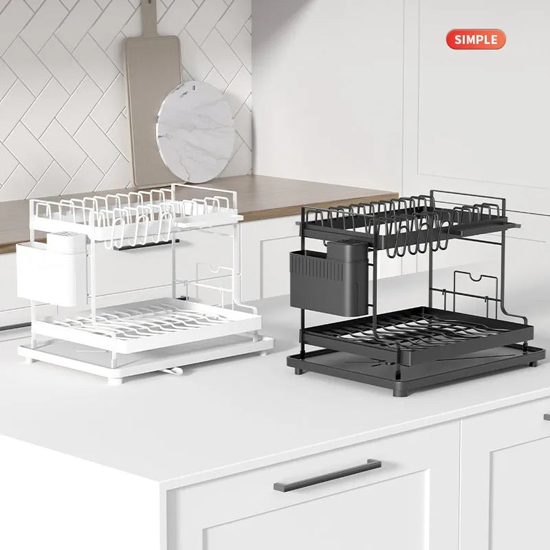 White double-layer removable wire kitchen storage rack with two baskets on a countertop