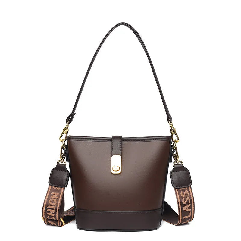 Black Korean style soft PU bucket messenger bag with double straps and external pocket