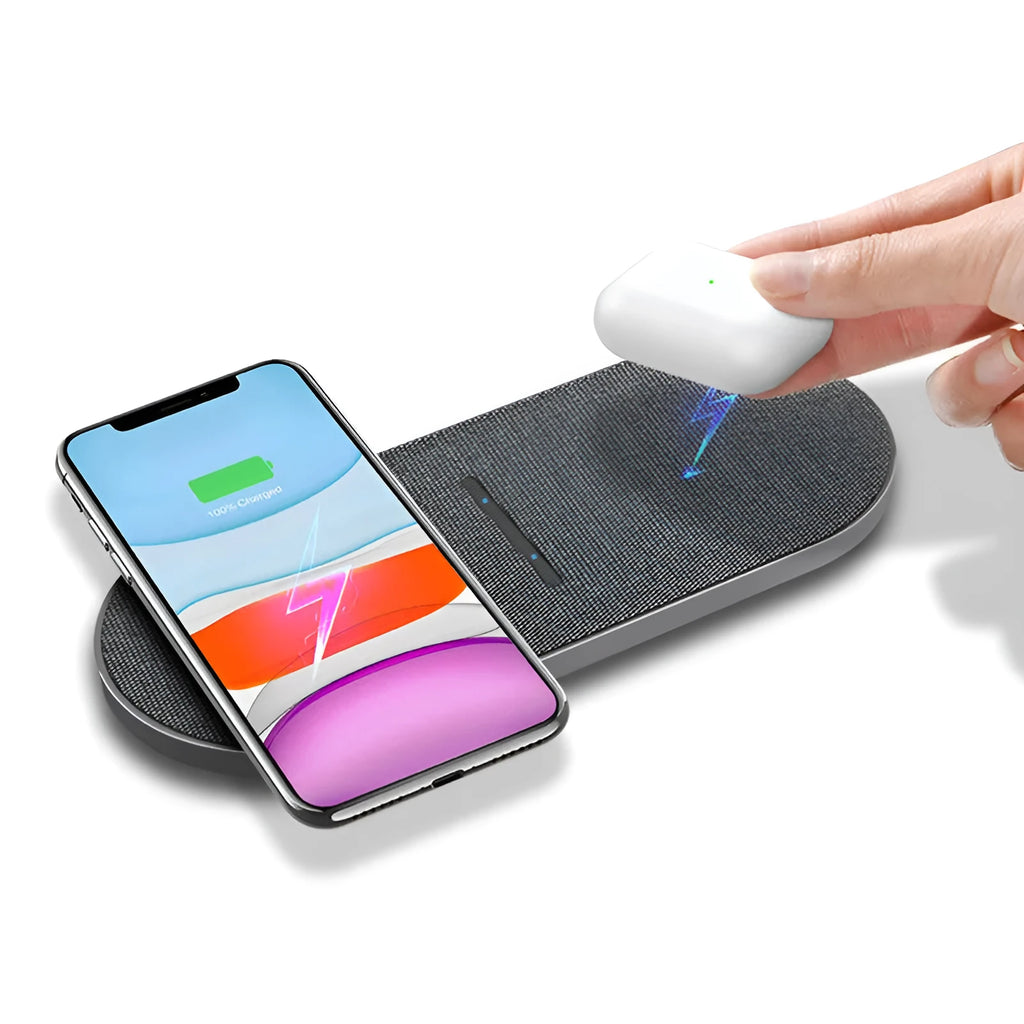 Black dual wireless charging pads for smartphones with Type-C and USB inputs