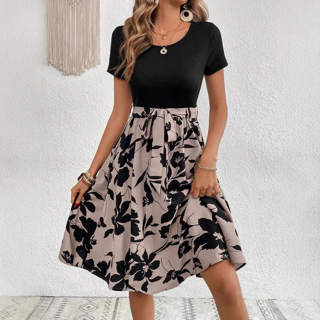 Women's printed lace-up A-line dress in khaki colour with shoulder strap detailing