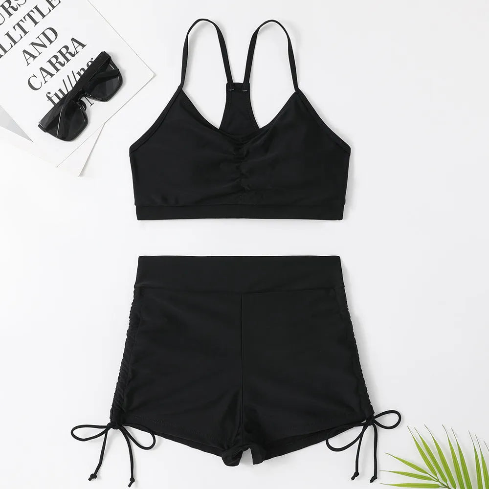Women's high waist split bikini set in purple and black with nylon spandex lining for swimming