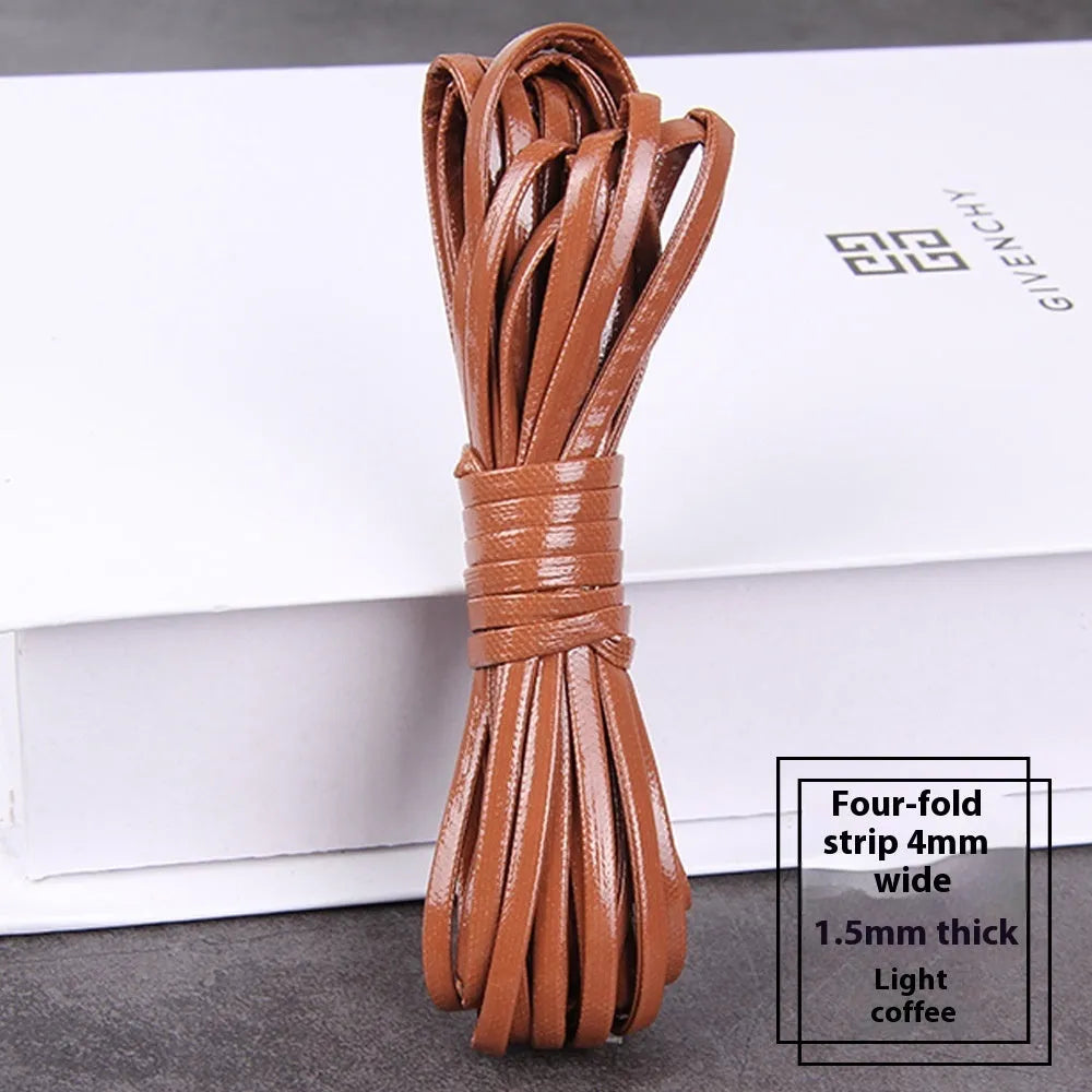 Coiled PU leather woven craft string in multiple colours including beige, black, red, blue, green, gold, and silver.
