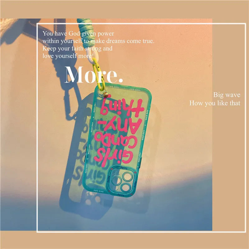 Mint green personalised graffiti lanyard phone case for Apple iPhone with printed design and attached strap.