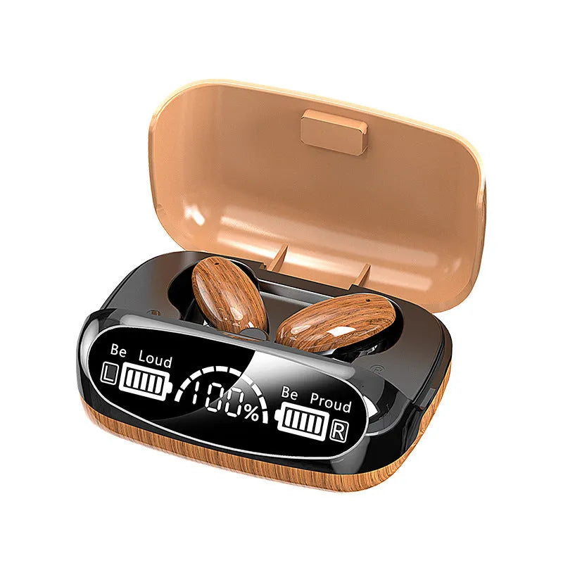 M35 wood grain Bluetooth TWS earphones with charging cabin showing power display