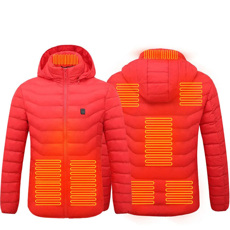 USB heated jacket with removable hood, three heat settings, and moisture-resistant shell in black, blue, or red