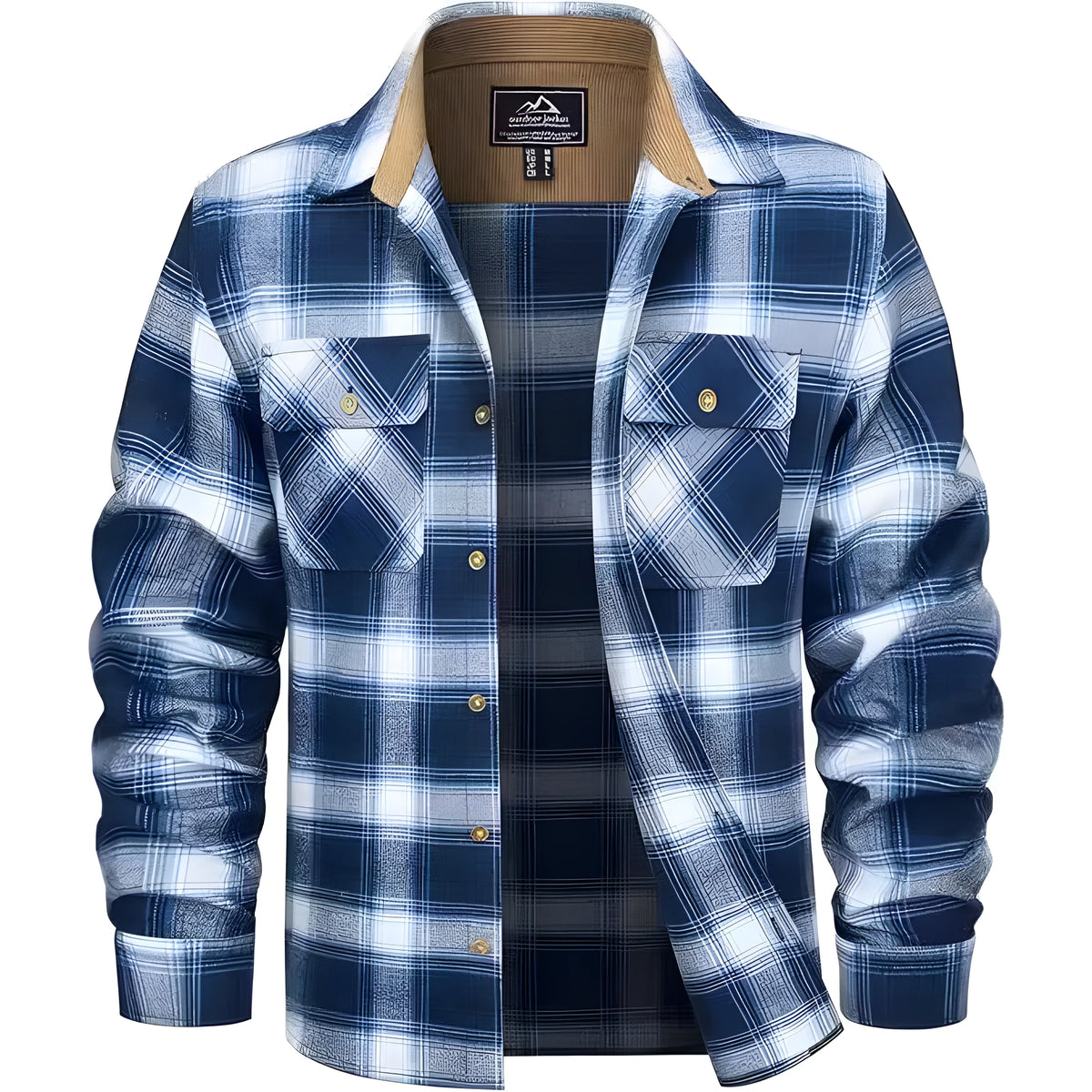 Men's polyester flannel button shirt with plaid pattern in multiple colour options showing button-front design
