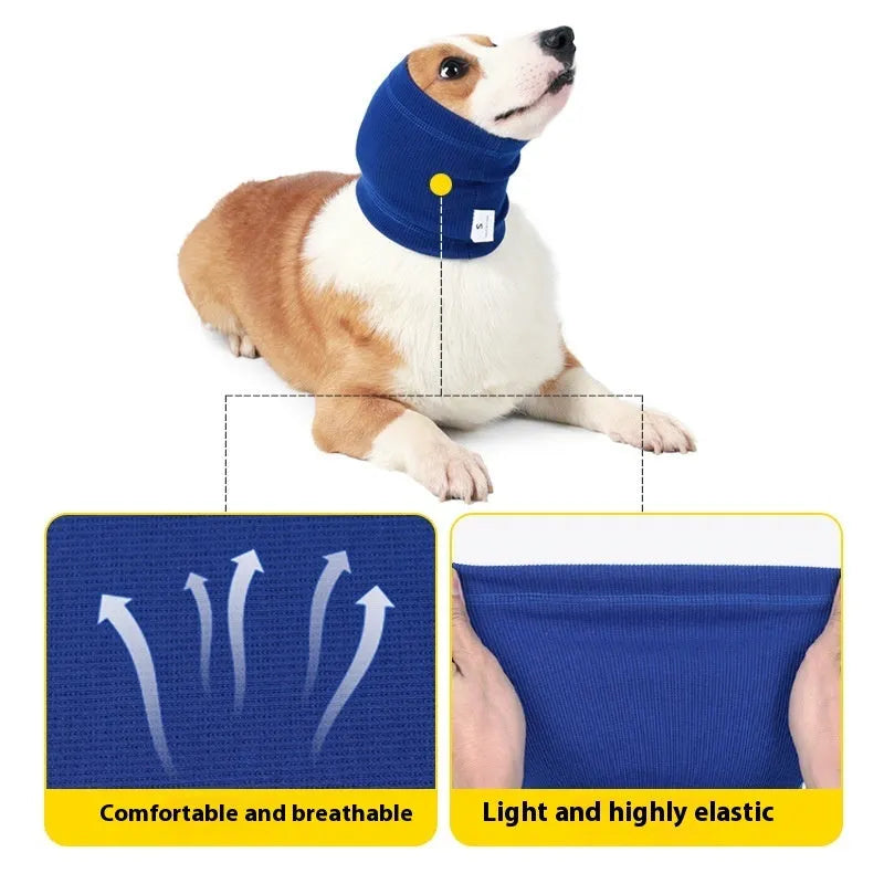 Blue and grey polyester dog headband scarf shown in small, medium, and large sizes