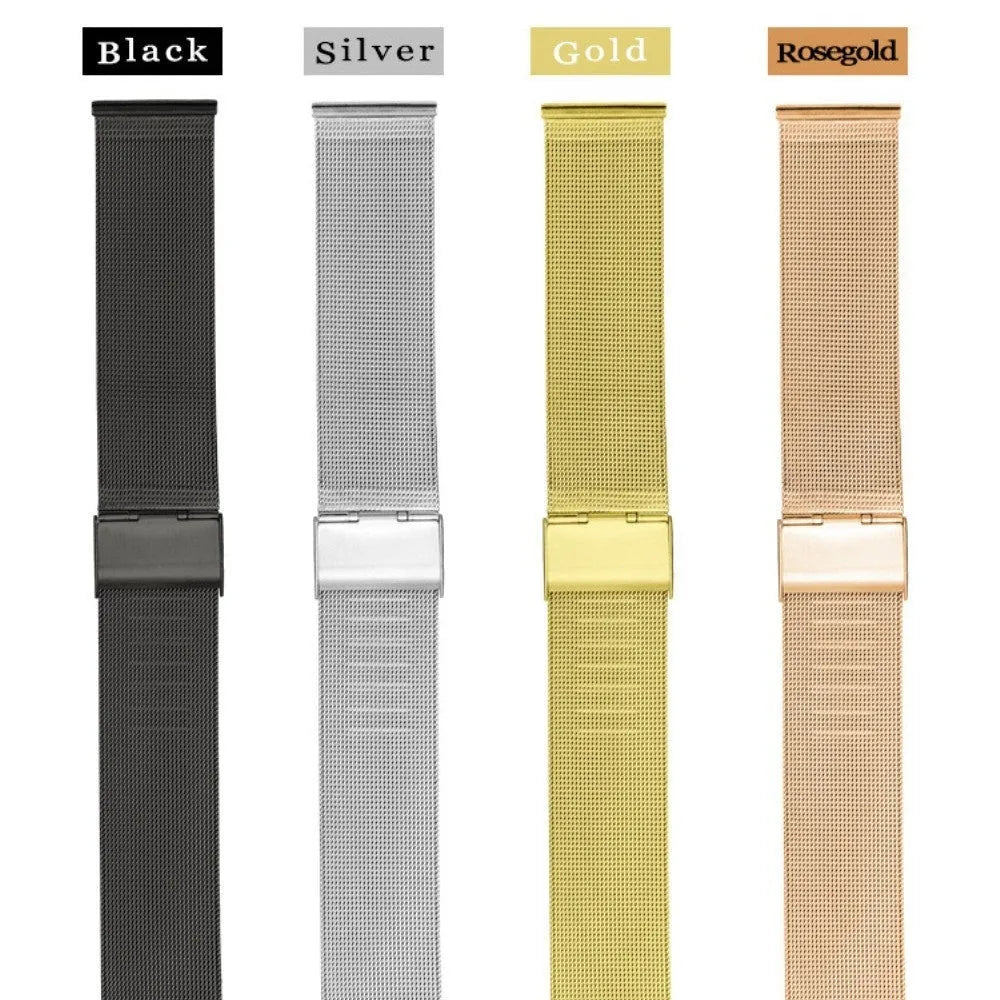 Milani silk woven stainless steel watch band showing multiple width sizes and colour options