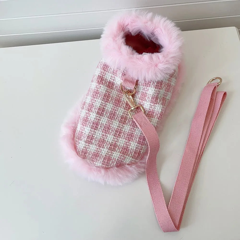 Pink polyester cat clothing set with beret and cape accessories in five sizes