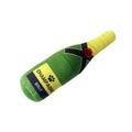 Soft plush pet toy shaped like a wine bottle, shown in various colours including green, red, and black.