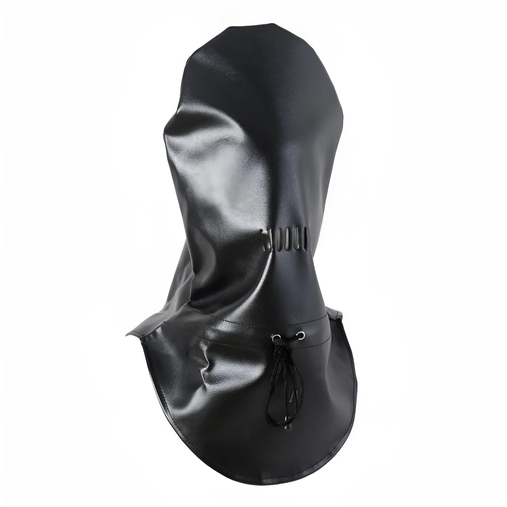 Black leather BDSM mask with adjustable straps for adult role play training