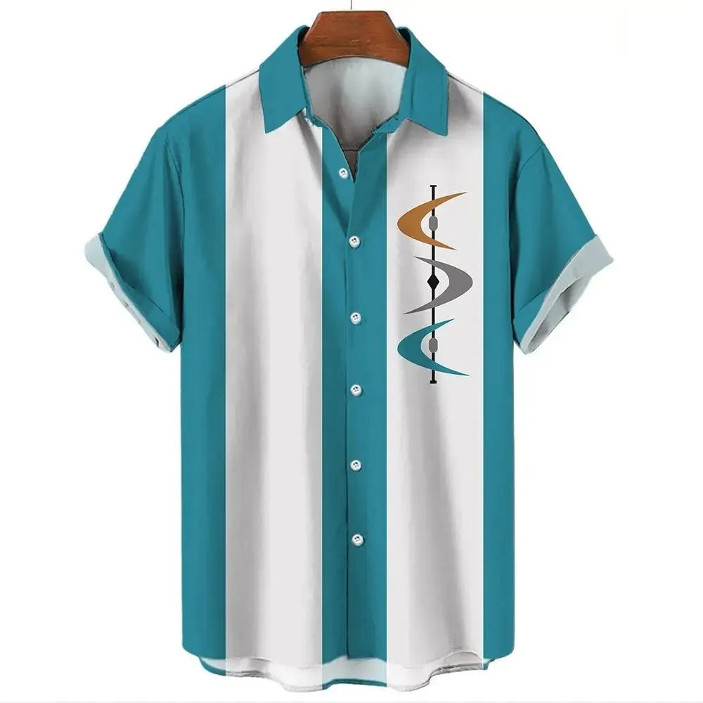 Men's striped Hawaiian short sleeve shirt with button front and elastic band construction