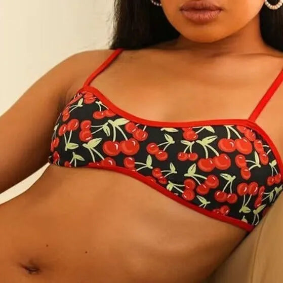 Women's cherry print floral tube top bikini swimsuit set in polyester fabric