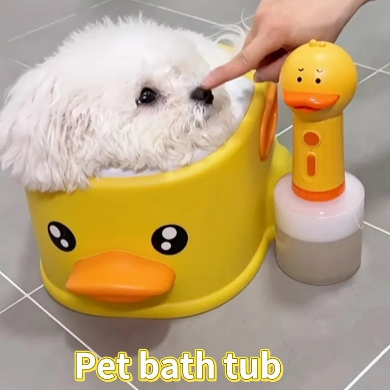 Duck-shaped blue PVC bathtub for washing dogs and cats on grass
