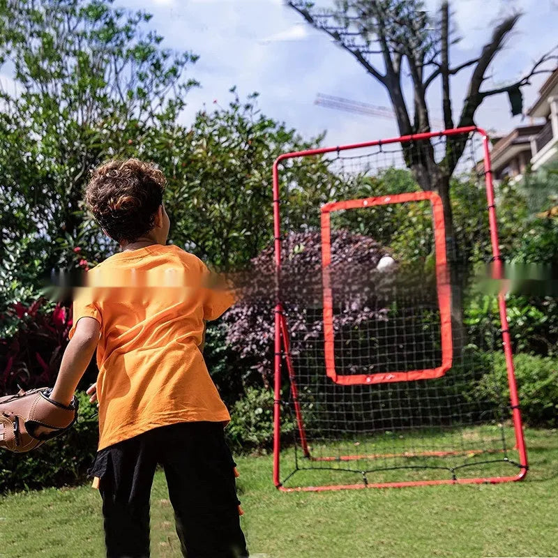 Red portable baseball training net with metal frame set up for catching practice