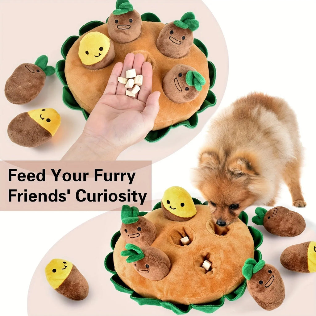 Yellow interactive dog puzzle toy with removable squeaky plush toys and slow feeder mat
