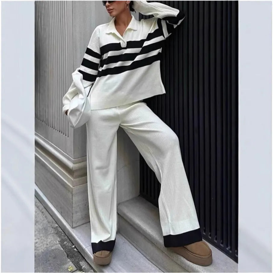Women's black knitted two-piece set with polo collar and striped contrast colour design