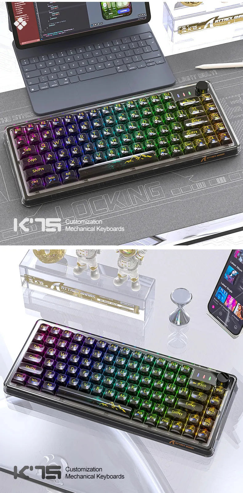 Attack Shark K75 transparent wireless mechanical keyboard with RGB lighting and hot-swappable switches