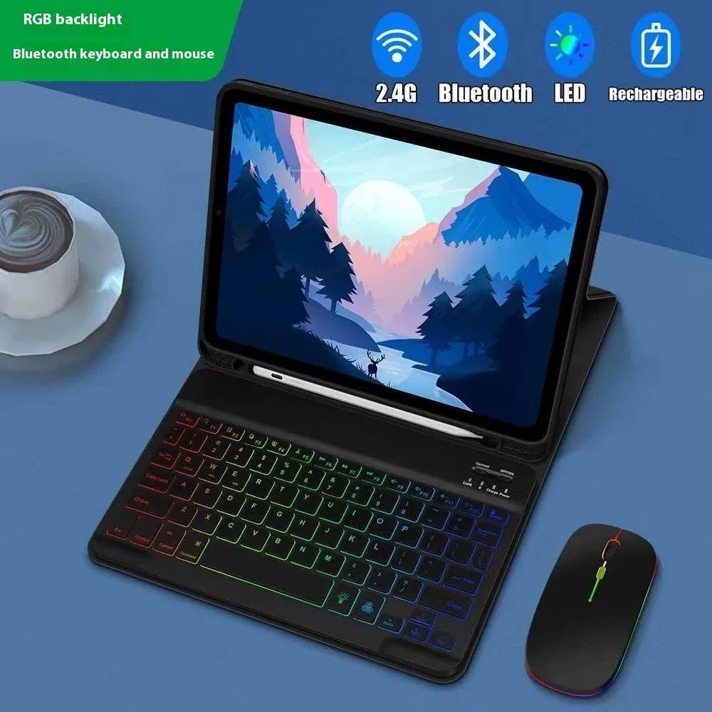 iPad leather protective case with luminous Bluetooth keyboard and mouse in black colour with RGB backlighting